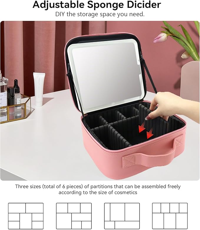 Travel Makeup Bag with LED Mirror with 3 Lighted Settings, Adjustable Dividers - Image 4