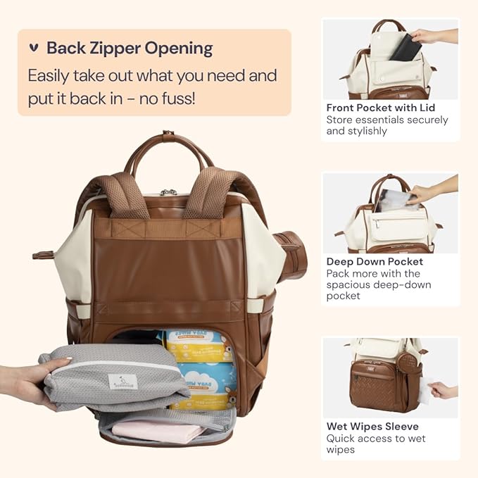 BabbleRoo Leather Diaper Bag Backpack, Unisex Stylish Travel Back Pack Nappy - Image 5