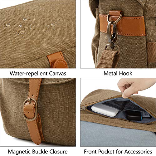 Canvas Crossbody Camera Bag with Rain Cover for Women Men (02-Kahki)