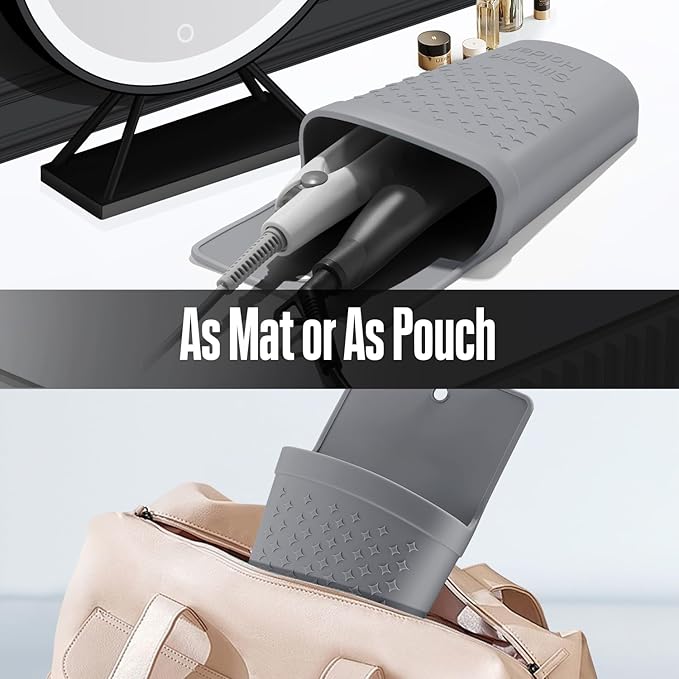 Heat Resistant Silicone Hair Iron Mat and Pouch,Portable Travel Hair Straightener Mat and Holder for Hair Styling Tools.1 Pack.(Gray)
