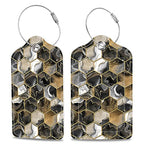 Gold Ink Hexagon Texture Luggage Tags 2PCS PU Leather Suitcases Tag with Stainless Steel Loop and Privacy Name Address Cover Label Card for Women Men Travel (Gold Ink Hexagon Texture)