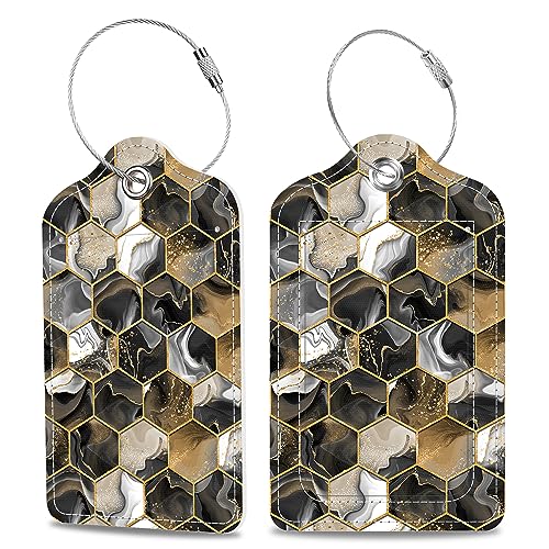 Gold Ink Hexagon Texture Luggage Tags 2PCS PU Leather Suitcases Tag with Stainless Steel Loop and Privacy Name Address Cover Label Card for Women Men Travel (Gold Ink Hexagon Texture)