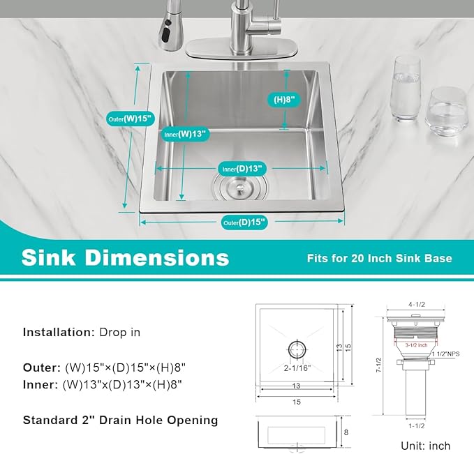 15 x 15 Inch Undermount Kitchen Sink, T-304 Stainless Steel Handmade Single - Image 3