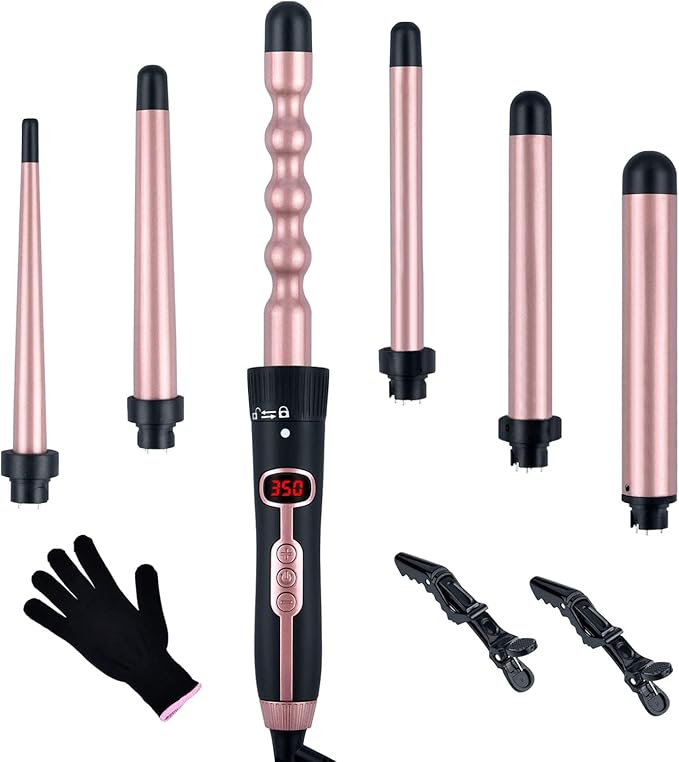 6 in 1 Hair Wand Curling Iron，0.35 to 1.25 inches with LCD，Form 140°F to 430°F in increments of 10°F, 110v-220V for Global use Includes Gloves and 2 Hair Clips.