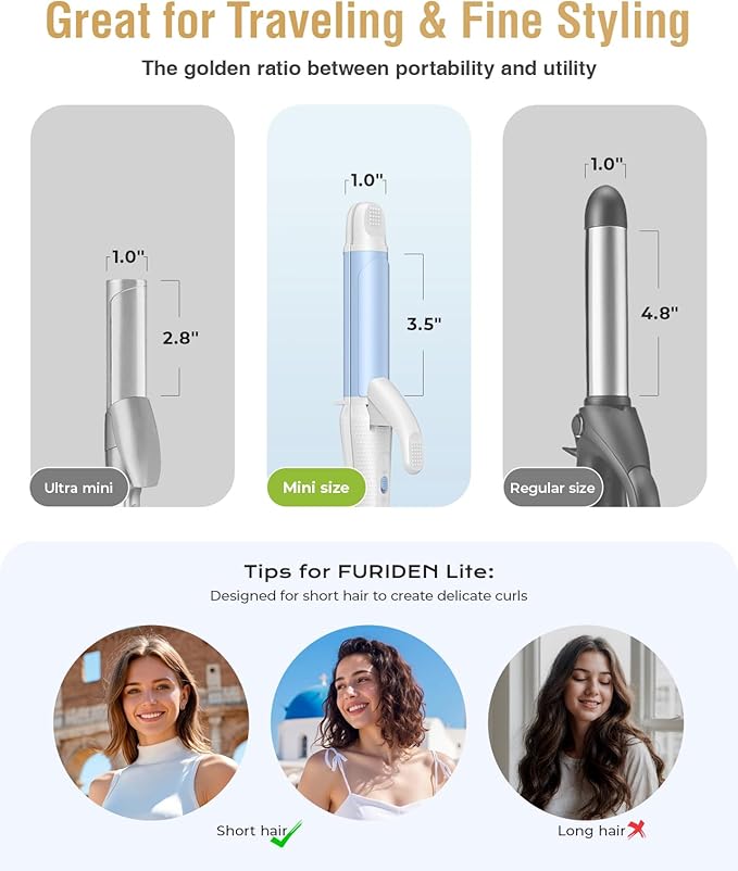 Europe Travel Curling Iron Mini: Dual Voltage Curling Iron for Traveling - Mini Travel Curling Irons 1 Inch with US Plug, Blue 390℉ for Fine/Damaged Short Hair