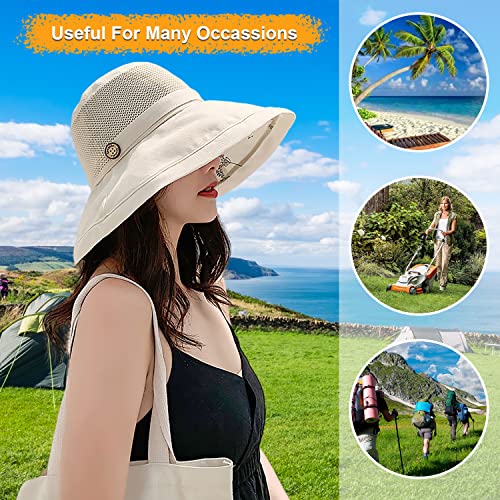 Women Mesh Crown Wide Brim Sun Hats Floppy Summer UV Protection UPF Hat for Beach Hiking Garden Travel Lawn Work Chin Strap (One Size / A1-m9163-beige)