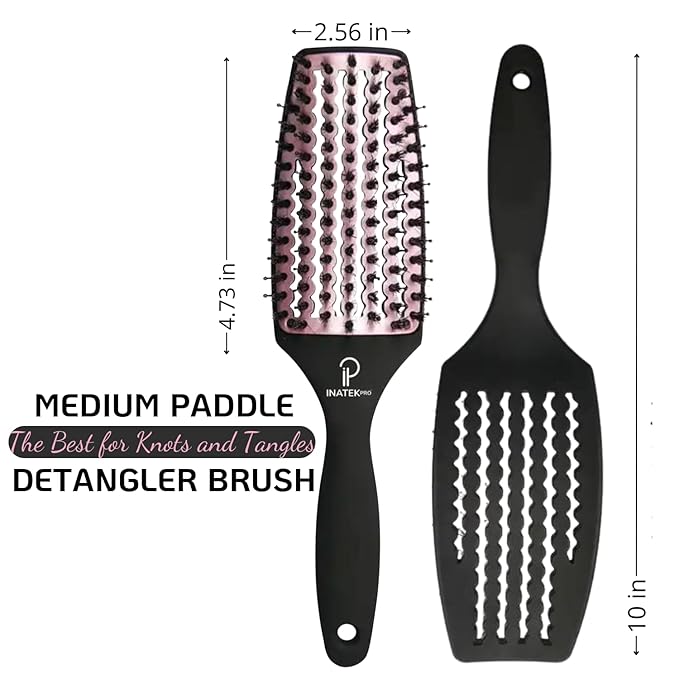 Curved Vented for Blow Drying - Boar Bristle Brush (Medium) with Comfortable Handle - Soft Bristle Brush for Thick and Fine Hair - Natural Boar Bristles for Women, Men & Kids - Rose Gold
