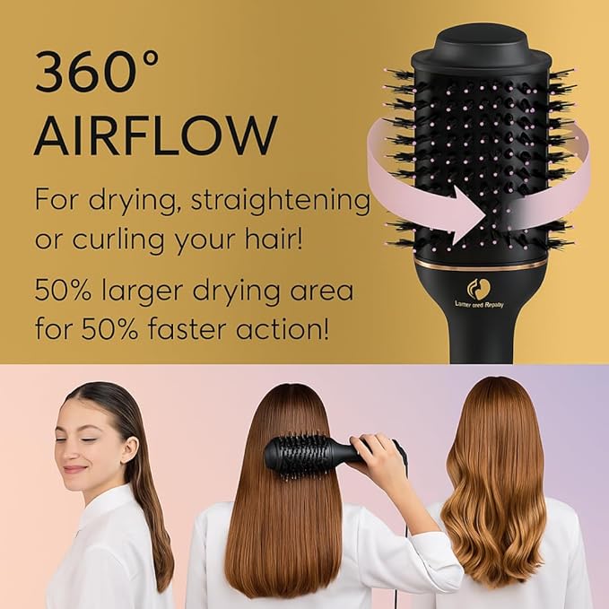 LHB 500 Professional Hot Air Brush, Round Styling Brush Hair Dryer, 2-in-1 Blowout Brush with Rose Gold Accents, Black