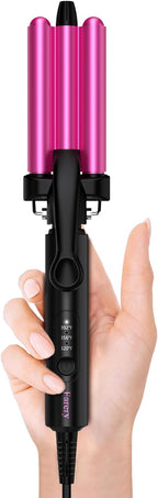 Farery Mini 3 Barrel Hair Waver - Portable Beach Wave Curling Iron for Short Hair, 1/2 Inch Ceramic Crimper with 3 Temp Settings & 30s Fast Heating, Dual Voltage Travel Hair Waver for Women, Pouch Bag
