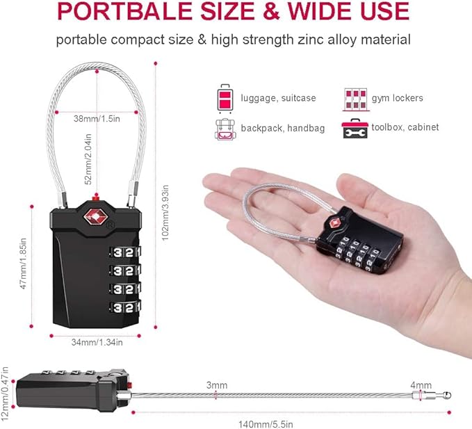 ZHEGE TSA Cable Luggage Lock, 4 Digit Zipper Lock - Image 5