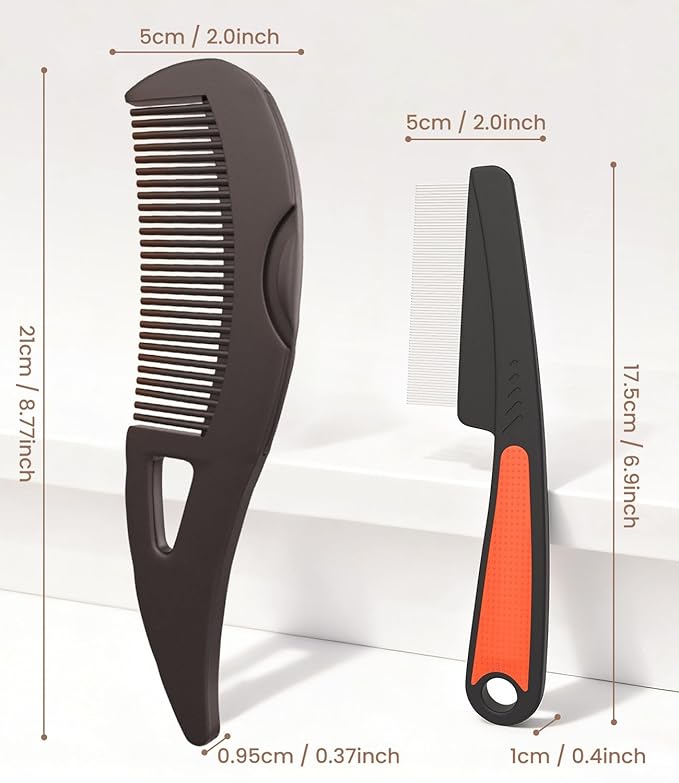 Dandruff Comb Fine Tooth Scalp Detox Comb Lice for Women, Men & Kids Stainless Steel Scalp Detoxing, Sweep & Massage Hair Brush Tool for Hair Care (Brown+Red)