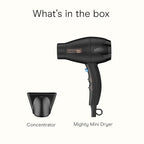 INFINITI PRO CONAIR Travel Hair Dryer, 1600W Mighty Mini Compact Blow Dryer with Concentrator Attachment, Lightweight Professional AC Motor for Fast Drying, 3 Heat & 2 Speed Settings, Black