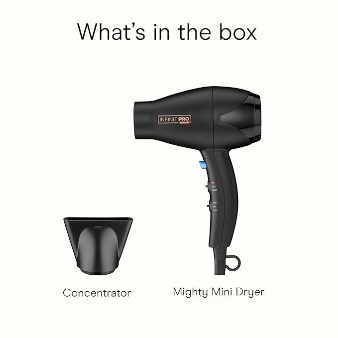 INFINITI PRO CONAIR Travel Hair Dryer, 1600W Mighty Mini Compact Blow Dryer with Concentrator Attachment, Lightweight Professional AC Motor for Fast Drying, 3 Heat & 2 Speed Settings, Black