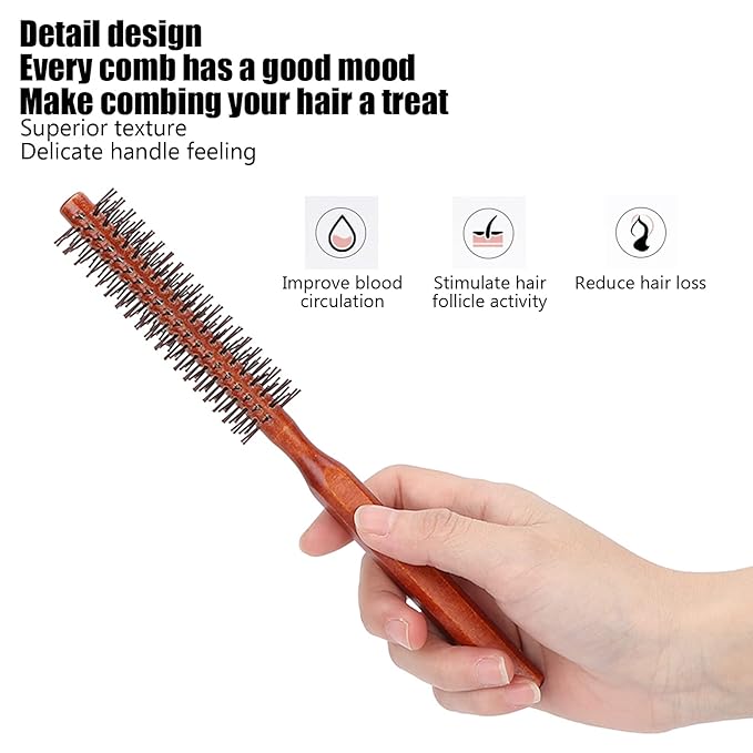 Round Styling Hair Brush for Women Men, Small Curling Roller Hairbrush with Wooden Handle, Static Free Detangling Brush for Blow Drying Curling Straightening, Practical Styling Tool for Hairdresser
