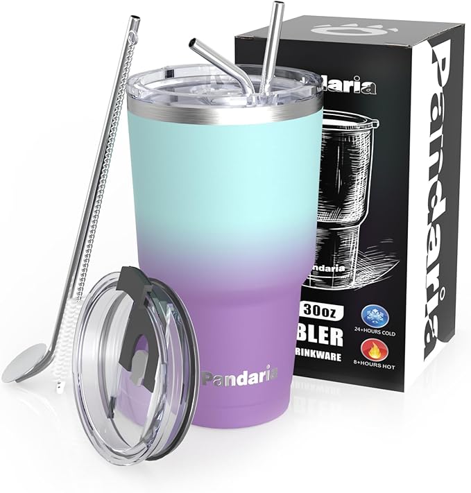 30 oz insulated tumbler with lid and straw, Reusable Spill Proof & Leak Proof by Pandaria