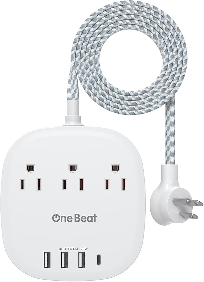 PD 20W USB C 3 Outlet 4 USB Ports Flat Plug Power Strip No Surge Protector by OneBeat