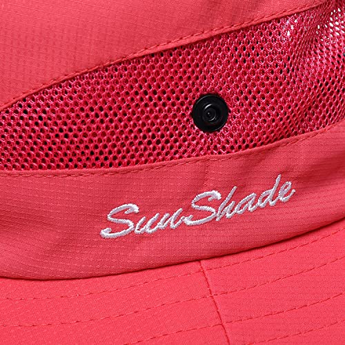 Womens Summer Sun Hat Beach Hat Wide Brim Outdoor UV Protection Hat Foldable Cool Mesh Ponytail Bucket Hat (6-7 / Watermelon Red))