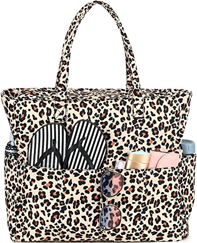 Water Resistant Beach Tote Pool Bags Women Ladies Large Gym Tote Carry On Bag With Wet Compartment for Weekender Travel (B Leopard)