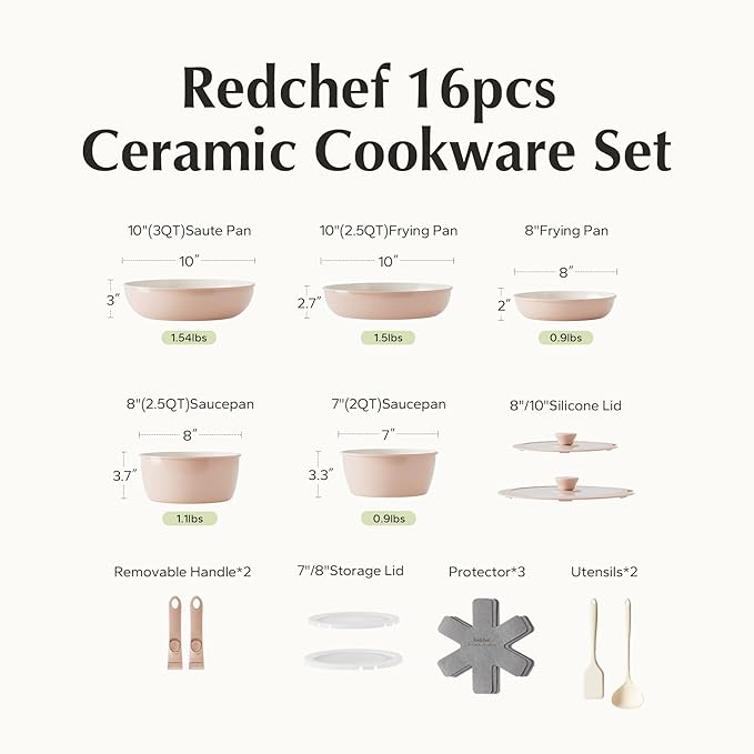 Redchef 16pcs Ceramic Pots and Pans Set Non Stick, Nonstick Kitchen Cookware Set - Image 9