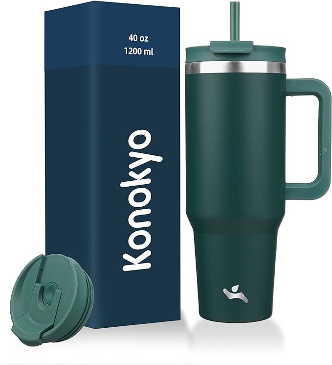 40 oz Tumbler with Handle and 2 Straws, 2 in 1 Lid Insulated Water Bottle by Konokyo