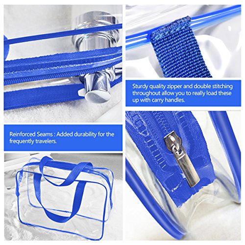 3Pcs Crystal Clear PVC Travel Toiletry Bag Kit for Women Men (1 Large, 1 Medium, 1 Small-Blue / 3 Piece Set)