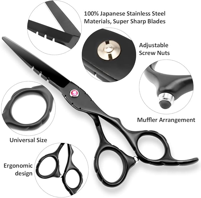 Professional Black Hair Cutting Scissors Sets Stainless Steel Barber Hairdressing Scissors Salon Multifunctional Thinning Scissors Straight Shears Tools for Mother Father Friends' Christmas Gift