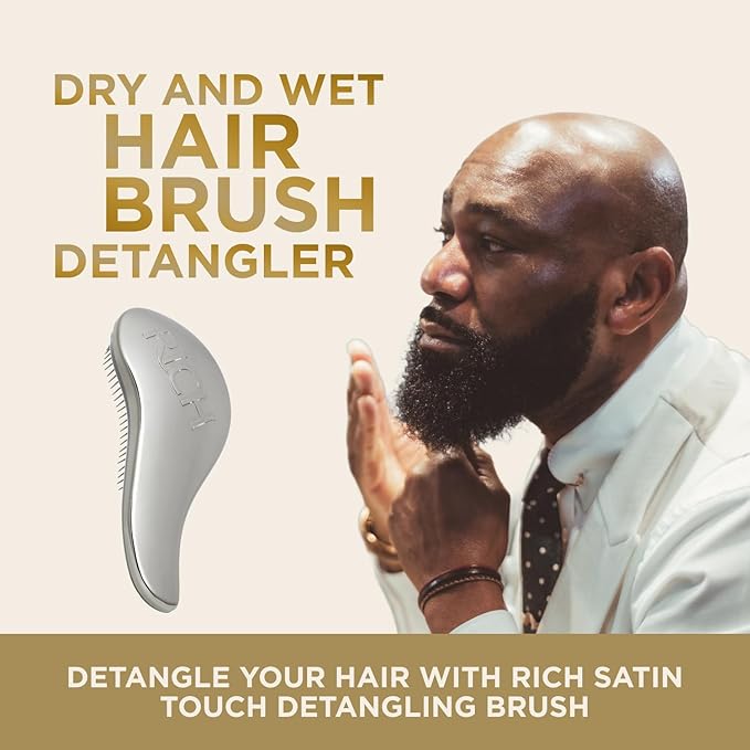 RICH Hair Care Silver Glamour Satin Touch Detangling Brush- Dry and Wet Hair Brush Detangler for All Hair Types - Keeps Hair Smooth, Anti-static, Reduces Frizz for Men, Women & Kids