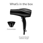 Conair Hair Dryer Style & Shine Natural Crystal Collection, 1875W Hairdryer, 3 Heat Settings, 2 Speeds, Blow Dryer with Concentrator Attachment, Ionic & Hematite-Infused Ceramic Technology, Black