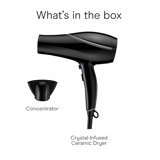 Conair Hair Dryer Style & Shine Natural Crystal Collection, 1875W Hairdryer, 3 Heat Settings, 2 Speeds, Blow Dryer with Concentrator Attachment, Ionic & Hematite-Infused Ceramic Technology, Black