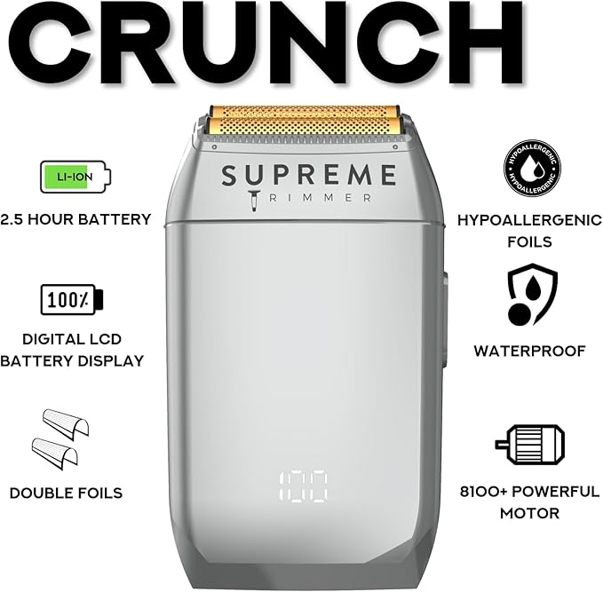 Supreme Trimmer Crunch STF602 – Waterproof Double Foil Shaver for Men | 150 Min Runtime, Wet/Dry Cordless & Corded Electric Razor | Hypoallergenic Foils for Face, Head & Stubble
