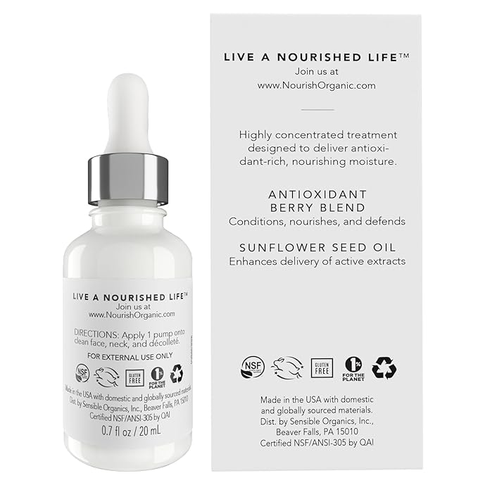 Nourish Organic Face Serum, Bilberry & Arctic Berries – Age Defense Formula with Vitamin C and Vitamin A, 0.7 Oz + Washable Cotton Round