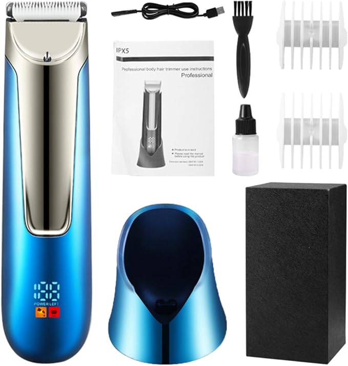 Men's Professional Hair Clipper - Cordless Body Hair Trimmer with Charging Base,LED Display,IPX7 Waterproof,USB Charging,Low Noise Electric Grooming Kit (Blue)