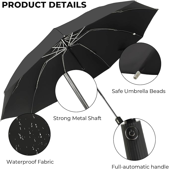 Compact Inverted Travel Umbrella, Automatic Open Close, 9-Rib 46 Inch Windproof - Image 2