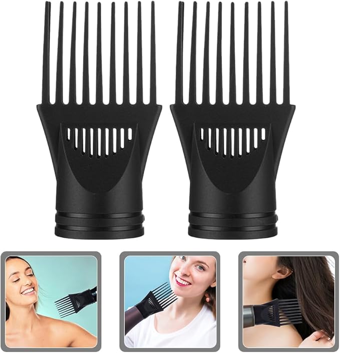 2 Pcs Black Hair Dryer Comb, Hair Styling Nozzle Tool for Straightening Detangling Fine Curly Natural Appliances, Plastic Nozzle Hairdryer Blow Comb Attachment