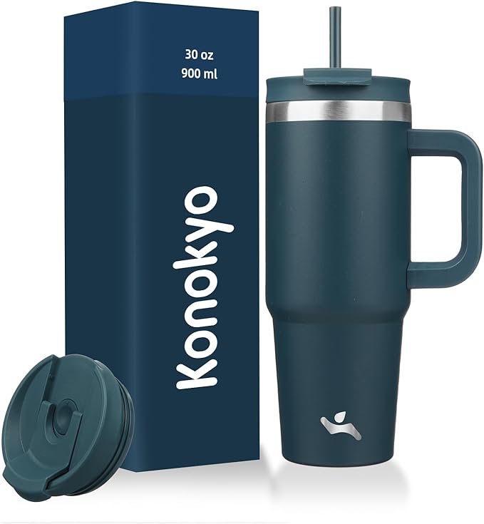 30 oz Tumbler with Handle and 2 Straws, 2 in 1 Lid Insulated Water Bottle by Konokyo