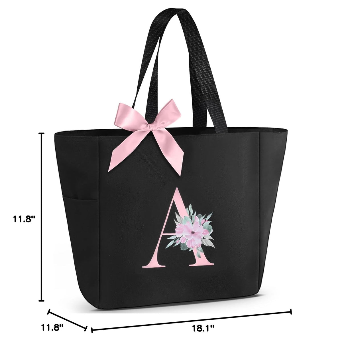 Tote Bag, A-Z Initial Monogrammed Waterproof Tote Bag, Bridesmaid Gifts for Women, Black and Pink (A, Black) (Black)