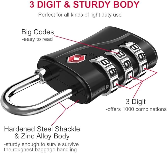 ZHEGE Luggage Locks, TSA Approved Locks, 3 Dial Zipper Lock - Image 3