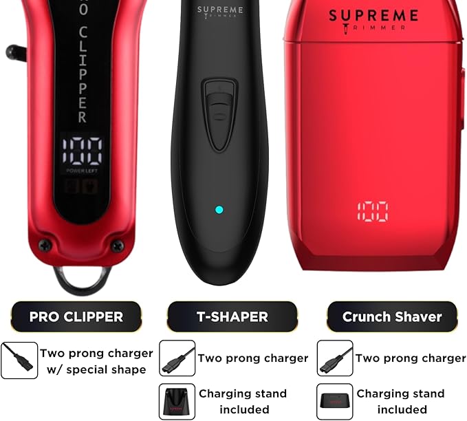 Supreme Trimmer 3-in-1 Barber Bundle | Pro Clipper, DLC T-Shaper Trimmer & Crunch Foil Shaver | Professional Beard Trimmer Men’s Hair Clipper Kit | Red