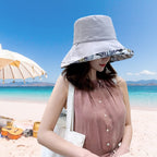 Women Floral Reversible Wide Brim Sun Hats Summer UV Protection Hiking Fishing Hat Wired Edge Beach Garden Lawn Work Cap Chin Strap (Medium / Qf002-gray)