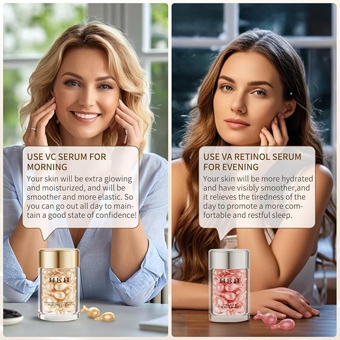 Vitamin C Anti-Wrinkle Aging Face Serum 30 Capsules+Retinol Collagen Anti-Aging Wrinkle 30 Capsules,VC For Morning+VA For Evening,Smooth,Hydrate,Firming Skin,Travel Portable