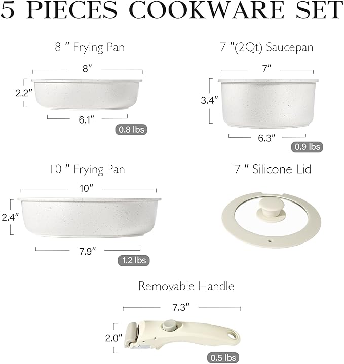 GiPP 5Pcs Pots and Pans Set Non Stick, Cookware Sets Nonstick Detachable Handle - Image 6