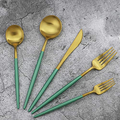 20-Piece 18/10 Stainless Steel Flatware Silverware, Luxury Dinnerware Set Travel Cutlery Tableware Include Knife Fork Spoon Service for 4, Dishwasher Safe (Green Handle Matte Gold) (Service for 4 / Green Handle Gold)