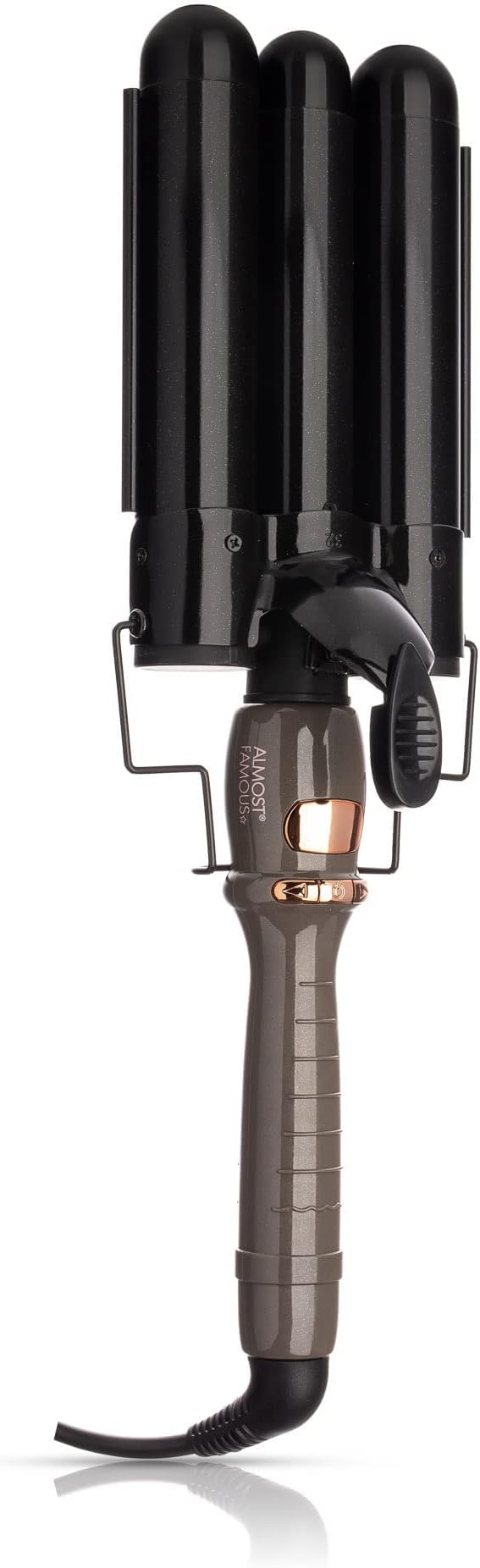 Almost Famous Wave Away Triple Barrel Clip Curling System, 3 Barrel Curling, Crimper with LCD Temp Display, Professional Beauty Tool, Temperature Adjustable (Charcoal Black)