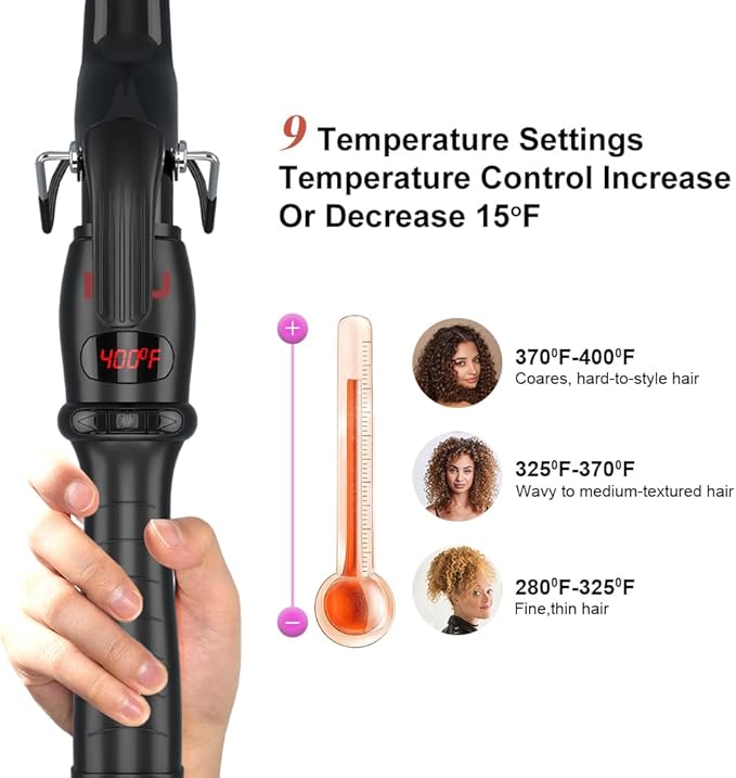 Hair Curling Wand, 0.5-1 Inch Tapered Ceramic Curling Iron, Hair Curler with 9 Temperature Settings & LCD Display for All Hair Types
