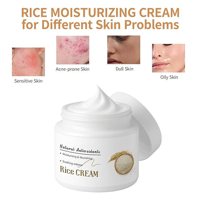 Rice Cream Moisturizer, Face Cream for Deep Moisturising, Nourishment, Smooths, Improve Dryness & Roughness, 1.76fl.oz/50g