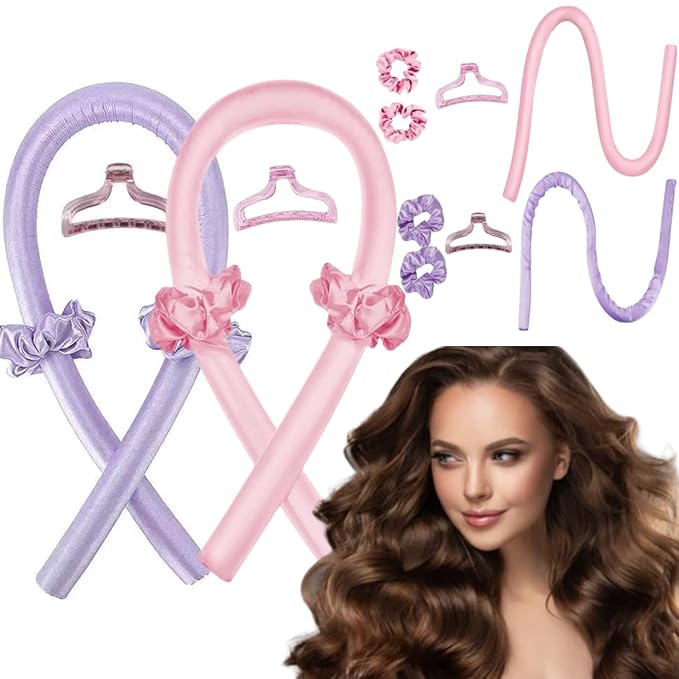 GADZHI Heatless Curling Rod Headband Heatless Hair Roller Curls Set for Long Hair No Heat Silk Hair Wrap Curler Ribbon for Overnight Sleep Hair Roller with Hair Claw Clip DIY Hair Styling Tools (2 set - pink+purple)
