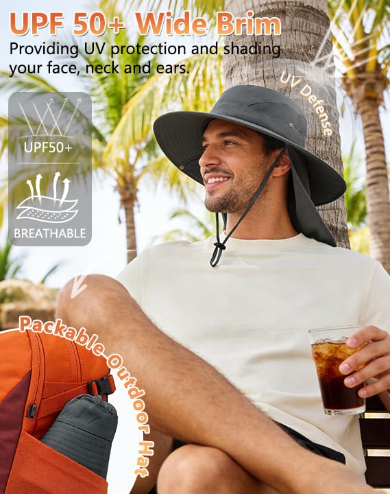 Sun Hat for Men Women Fishing Hat with Neck Flap Wide Brim Bucket Hat UV Protection for Beach Camping Hiking (Dark Grey-with Cooling Sleeves)