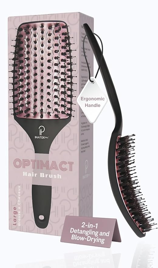 Curved Vented for Blow Drying - Boar Bristle Brush (Large) with Comfortable Handle - Soft Bristle Brush for Thick and Fine Hair - Natural Boar Bristles for Women, Men & Kids - Rose Gold
