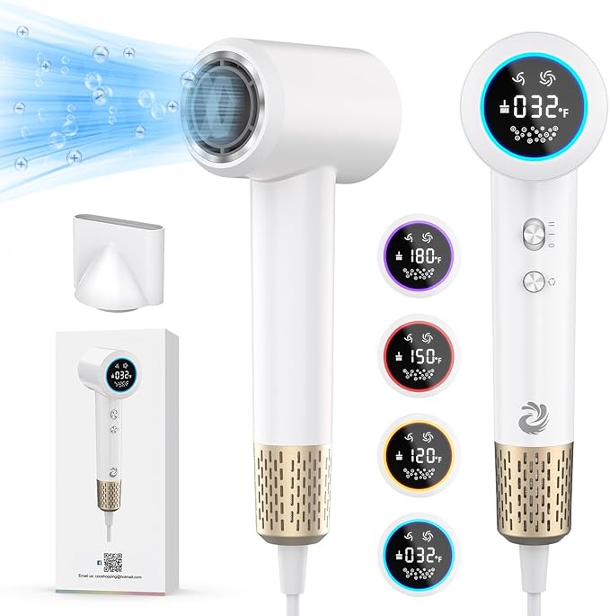 Hair Dryer, 1500W High Speed 110000 RPM Blow Dryer with Plasma Tech (Positive+Negative Ionic), LCD Display, 5 Modes, Thermo-Control, Low Noise, Fast Drying Travel Hair Dryer for Home or Travel(White)