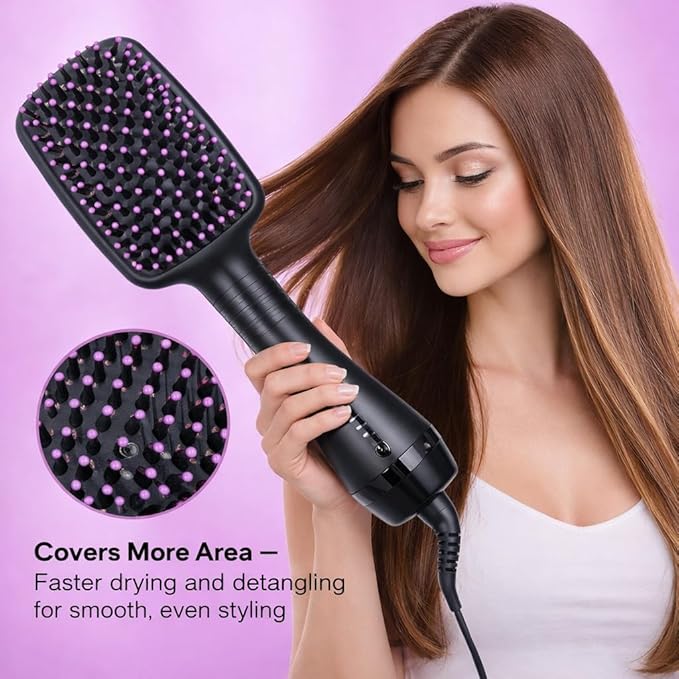 2-in-1 Hair Dryer Brush & Straightener Brush, Ionic Blow Dryer Brush for Women, Hot Air Brush with Paddle Design, Negative Ion Hair Styler for Smooth, Shiny, Frizz-Free Hair, Lightweight & Fast Drying